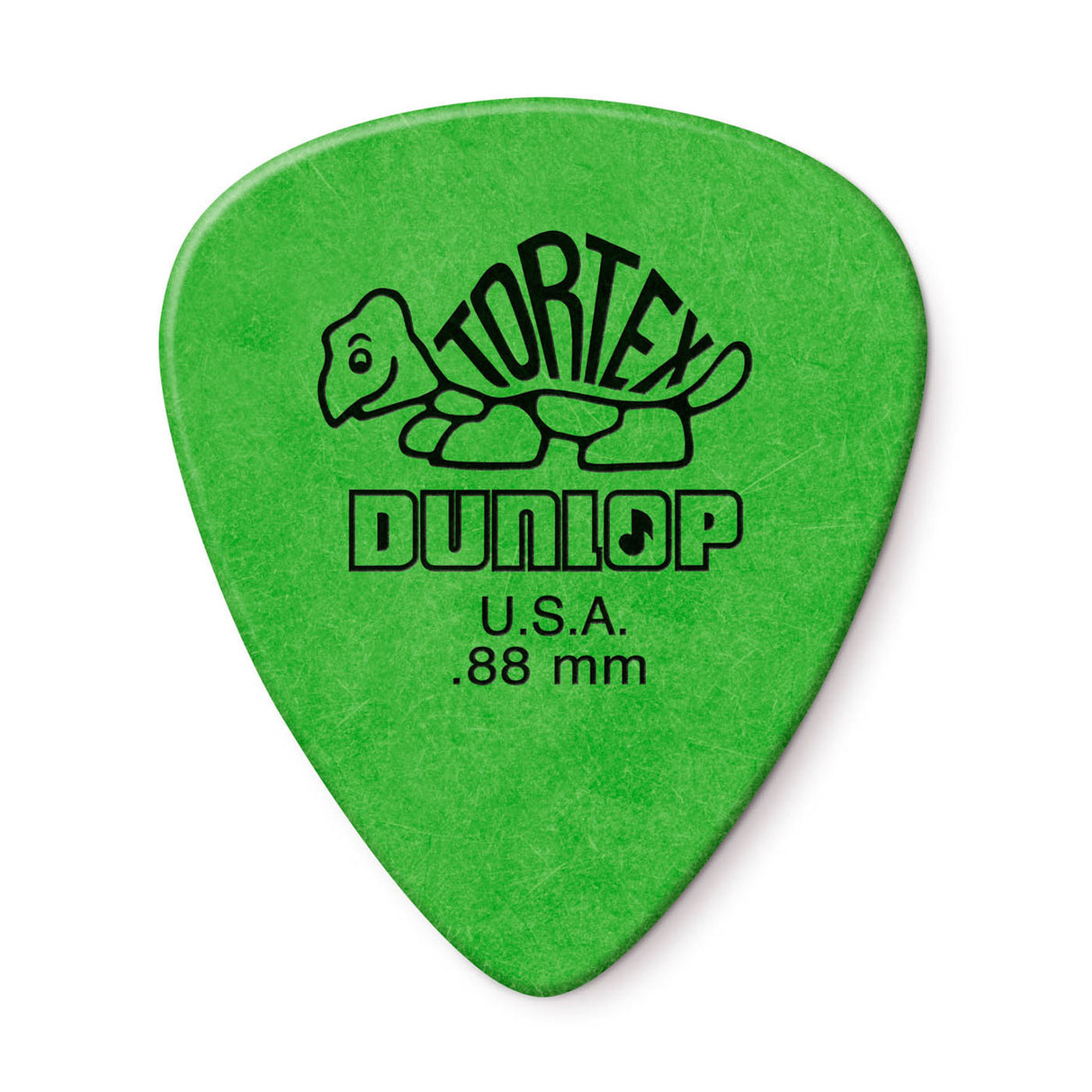 Green guitar pick with Dunlop branding on a white background