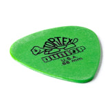 Green guitar pick with Dunlop branding on a white background