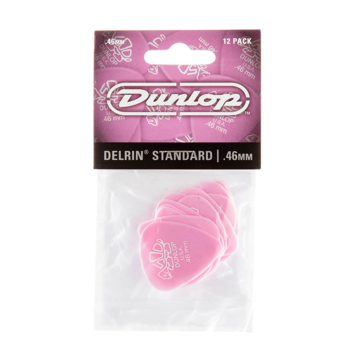 A package of 'Dunlop' branded pink guitar picks on a white background