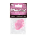 A package of 'Dunlop' branded pink guitar picks on a white background