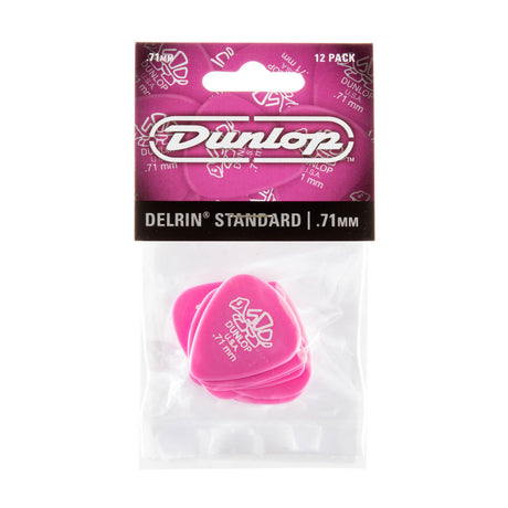 A package of 'Dunlop' branded pink guitar picks on a white background