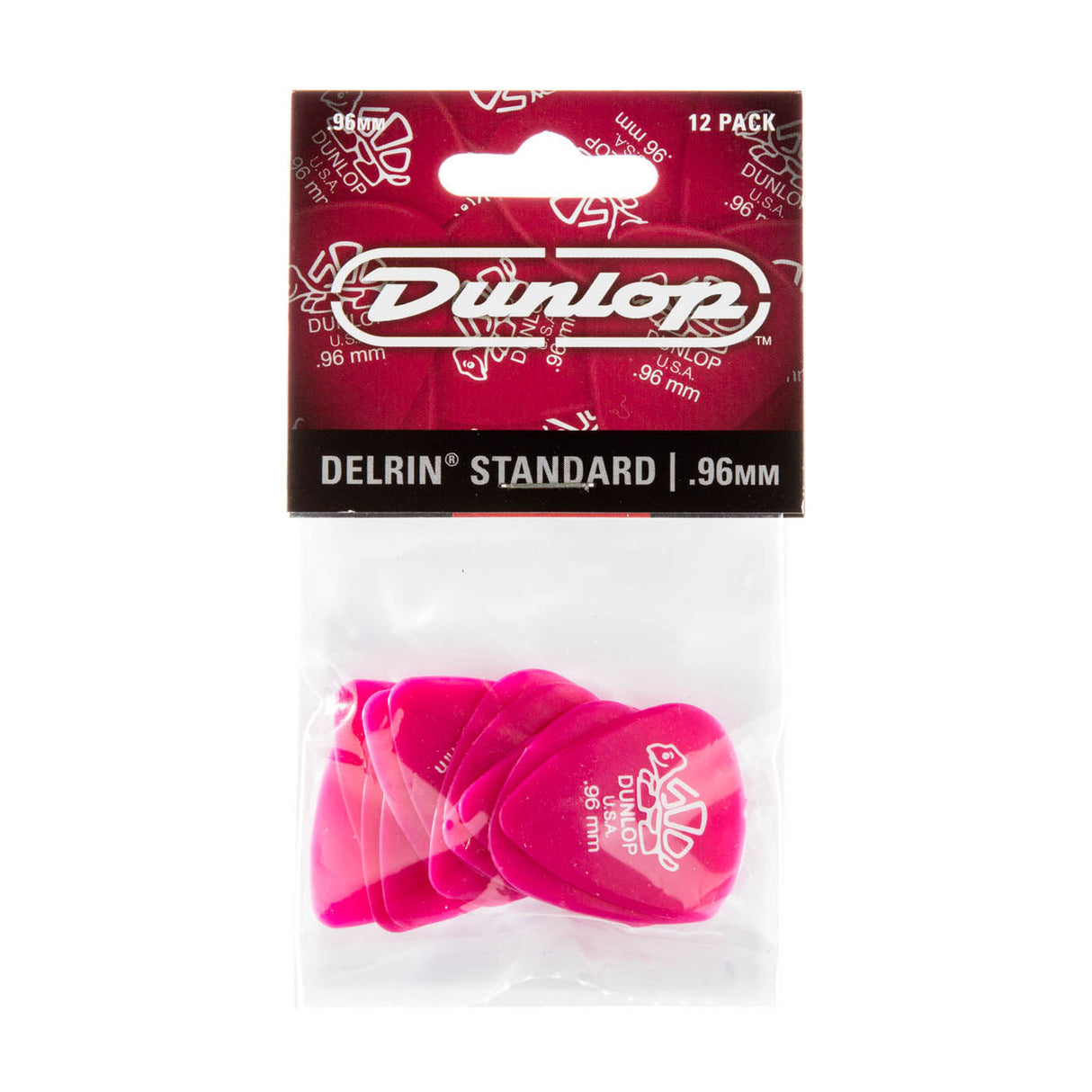 A package containing 'Dunlop' branded pink guitar picks on a white background