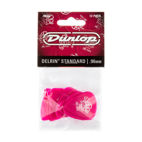 A package containing 'Dunlop' branded pink guitar picks on a white background