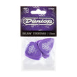A package containing 'Dunlop' branded purple guitar picks on a white background