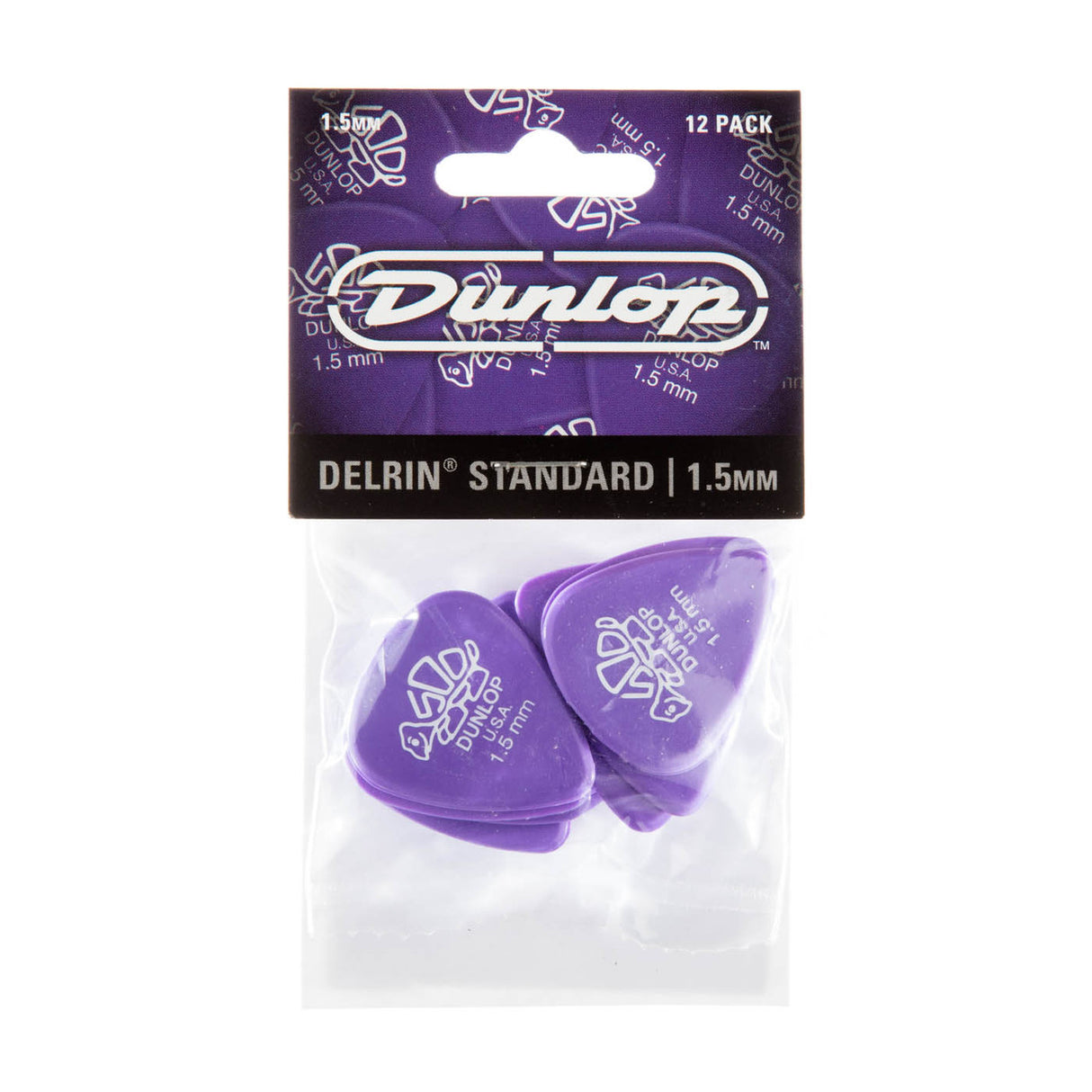 A package containing 'Dunlop' branded purple guitar picks on a white background