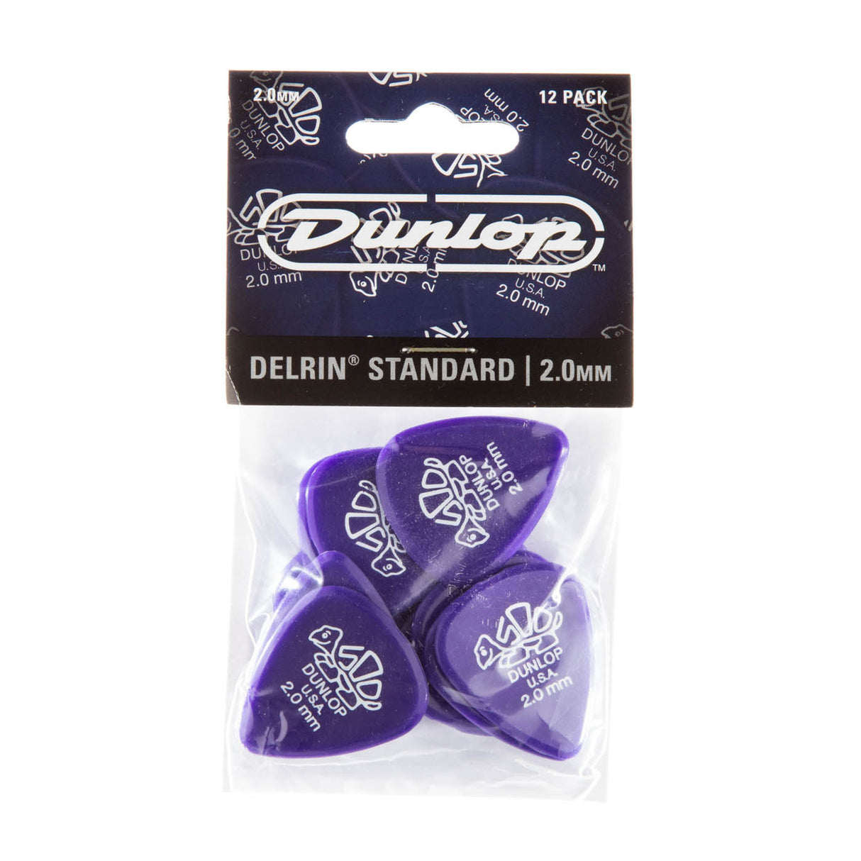 A package containing 'Dunlop' branded guitar picks on a white background