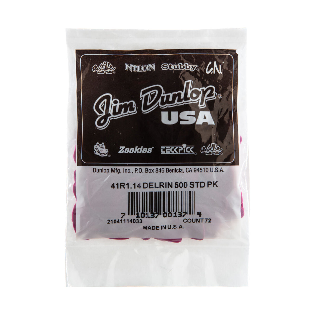 A plastic bag filled with 'Dunlop' branded guitar picks on a white background