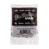 A plastic bag filled with 'Dunlop' branded guitar picks on a white background