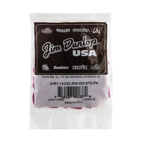 A plastic bag filled with 'Dunlop' branded guitar picks on a white background