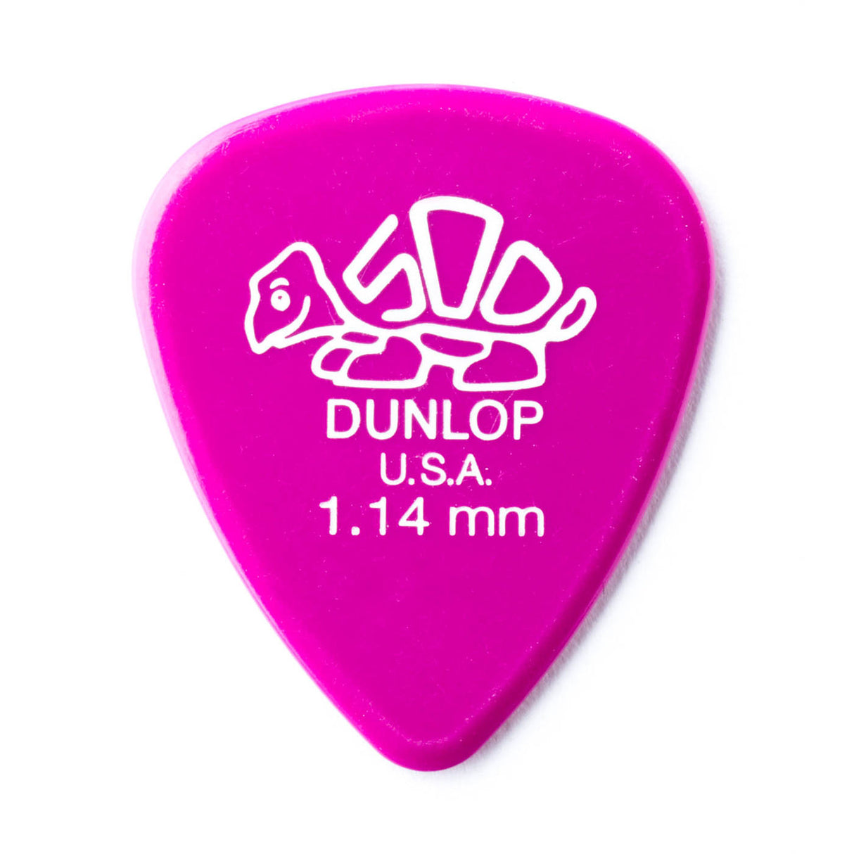 A purple 'Dunlop' branded guitar pick with a turtle design on a white background