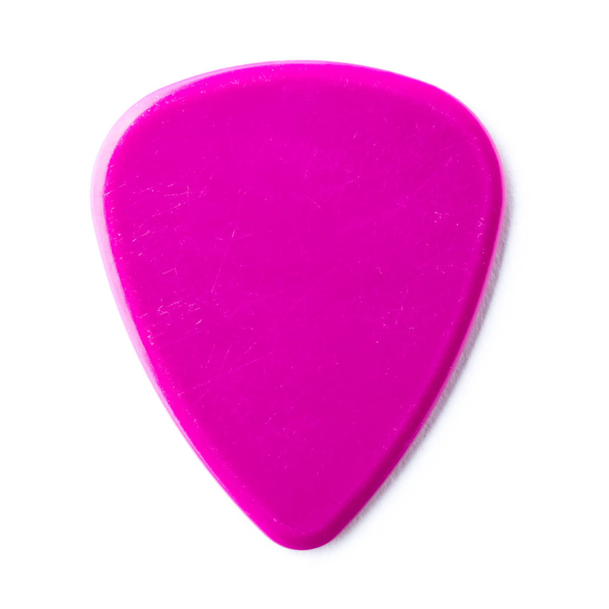 A purple guitar pick on a white background