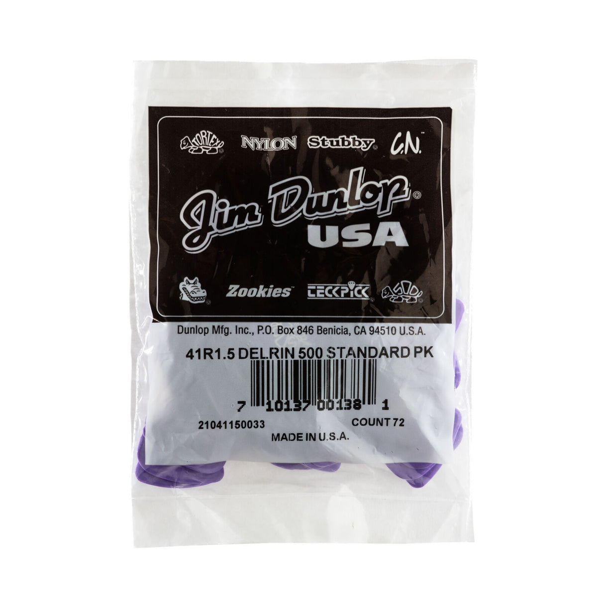 A plastic bag filled with 'Dunlop' branded guitar picks on a white background