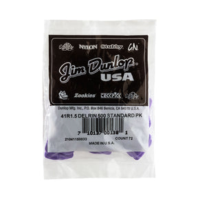 A plastic bag filled with 'Dunlop' branded guitar picks on a white background