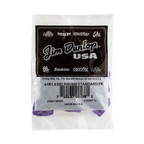 A plastic bag filled with 'Dunlop' branded guitar picks on a white background