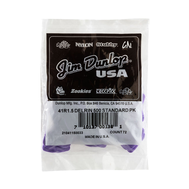 A plastic bag filled with 'Dunlop' branded guitar picks on a white background