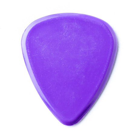 A purple guitar pick on a white background