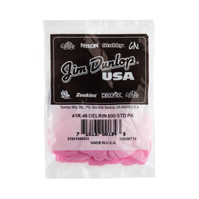 A bag fill with pink 'Dunlop' branded guitar picks on a white background