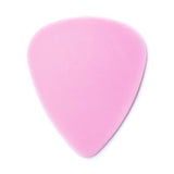 A pink guitar pick on a white background