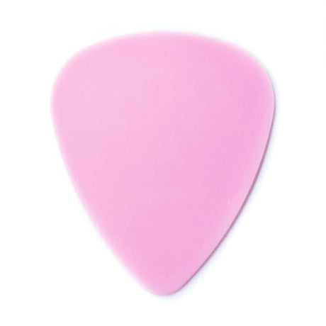 A pink guitar pick on a white background