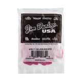 A plastic bag filled with 'Dunlop' branded guitar picks on a white background