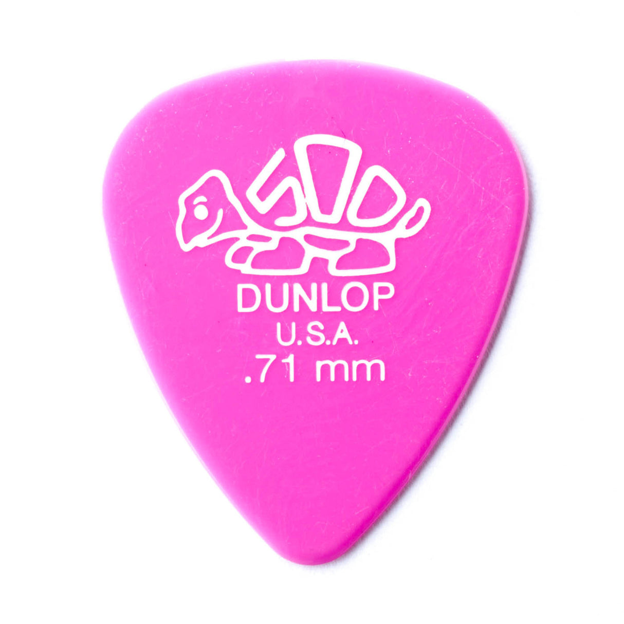 A pink 'Dunlop' branded guitar pick with a turtle design on a white background