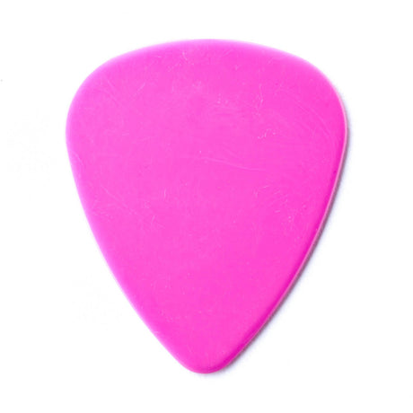 A pink guitar pick on a white background