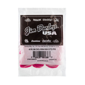 A plastic bag filled with 'Dunlop' branded guitar picks on a white background