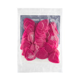 A plastic bag filled with pink 'Dunlop' branded guitar picks on a white background