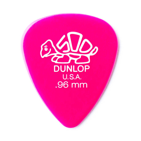 A pink 'Dunlop' branded guitar pick with a turtle design on a white background