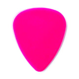 A pink guitar pick on a white background
