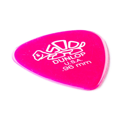 A pink 'Dunlop' branded guitar pick with a turtle design on a white background