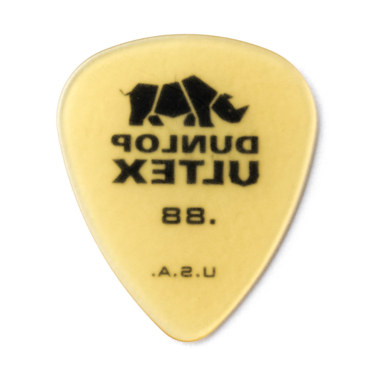 Yellow guitar pick with Dunlop Ultex branding on a white background
