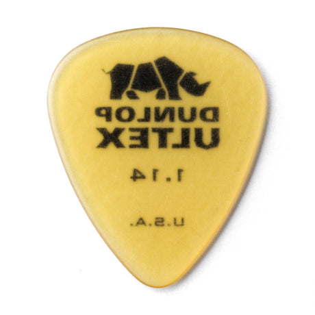 Yellow guitar pick with Dunlop Ultex branding on a white background