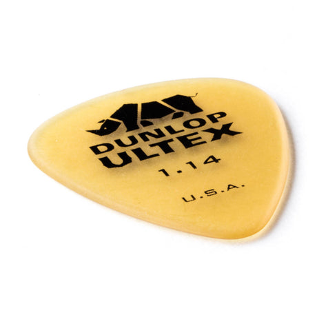Yellow guitar pick with Dunlop Ultex branding on a white background