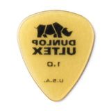 Yellow guitar pick with Dunlop Ultex branding on a white background