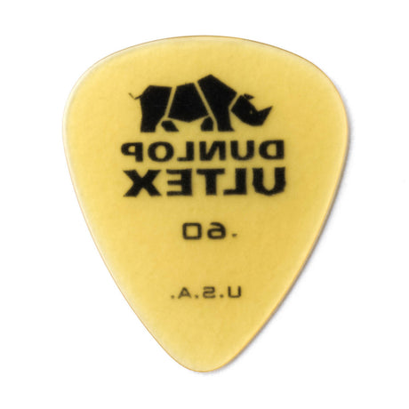 Yellow guitar pick with Dunlop branding on a white background