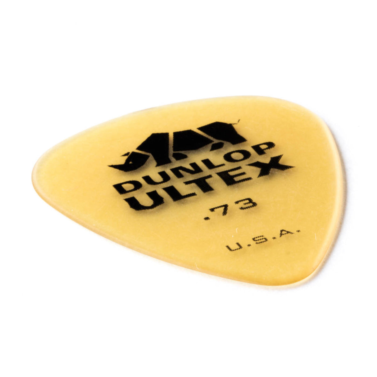Yellow guitar pick with Dunlop Ultex branding on a white background