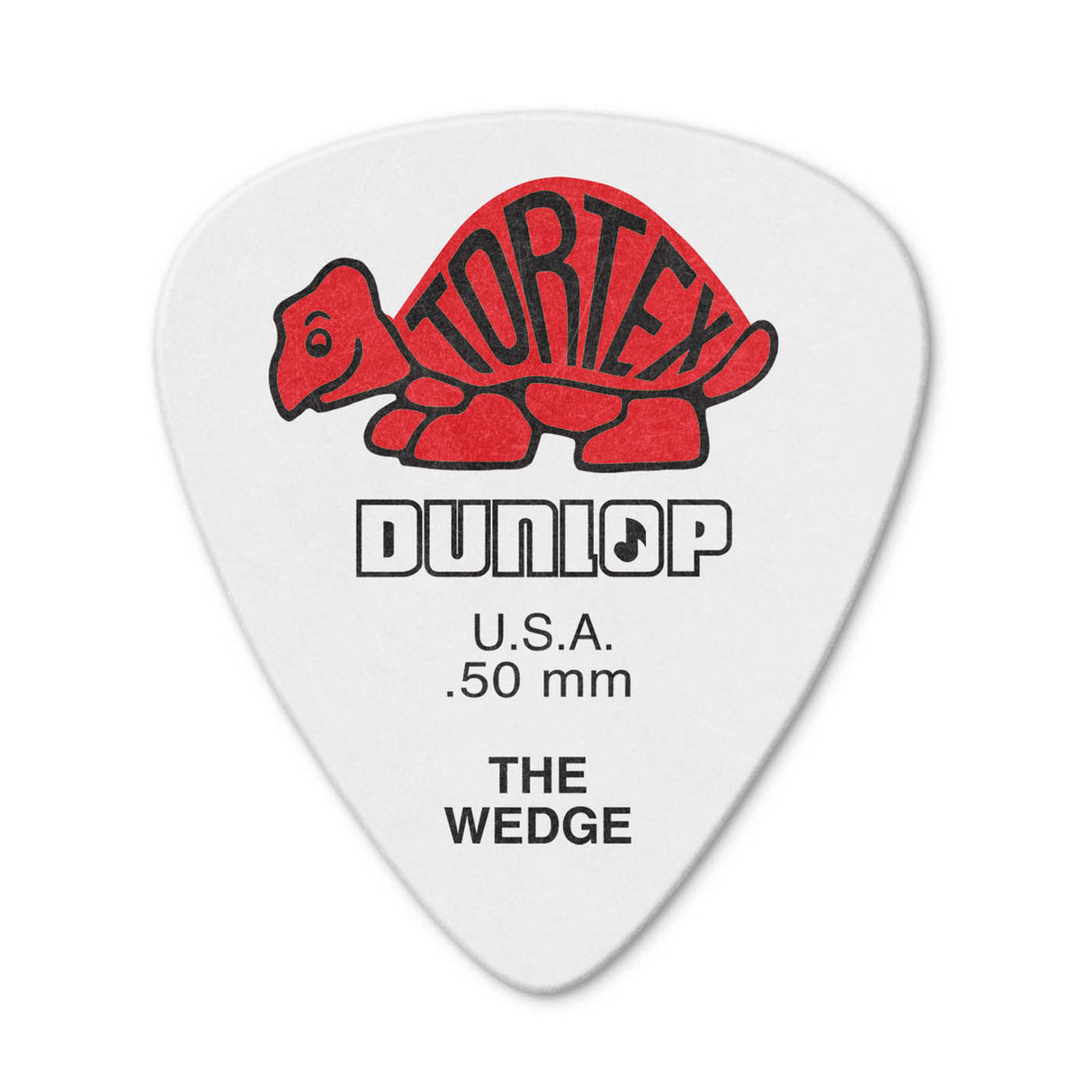 White guitar pick with red tortoise logo and Dunlop branding on a white background