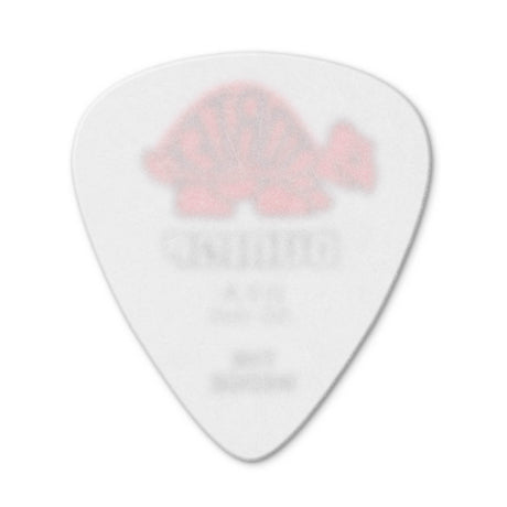 White guitar pick with pink design on a white background