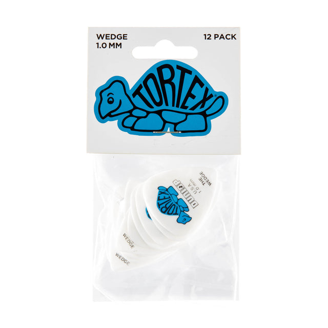 Tortex wedge-shaped guitar picks in a clear plastic package on a white background