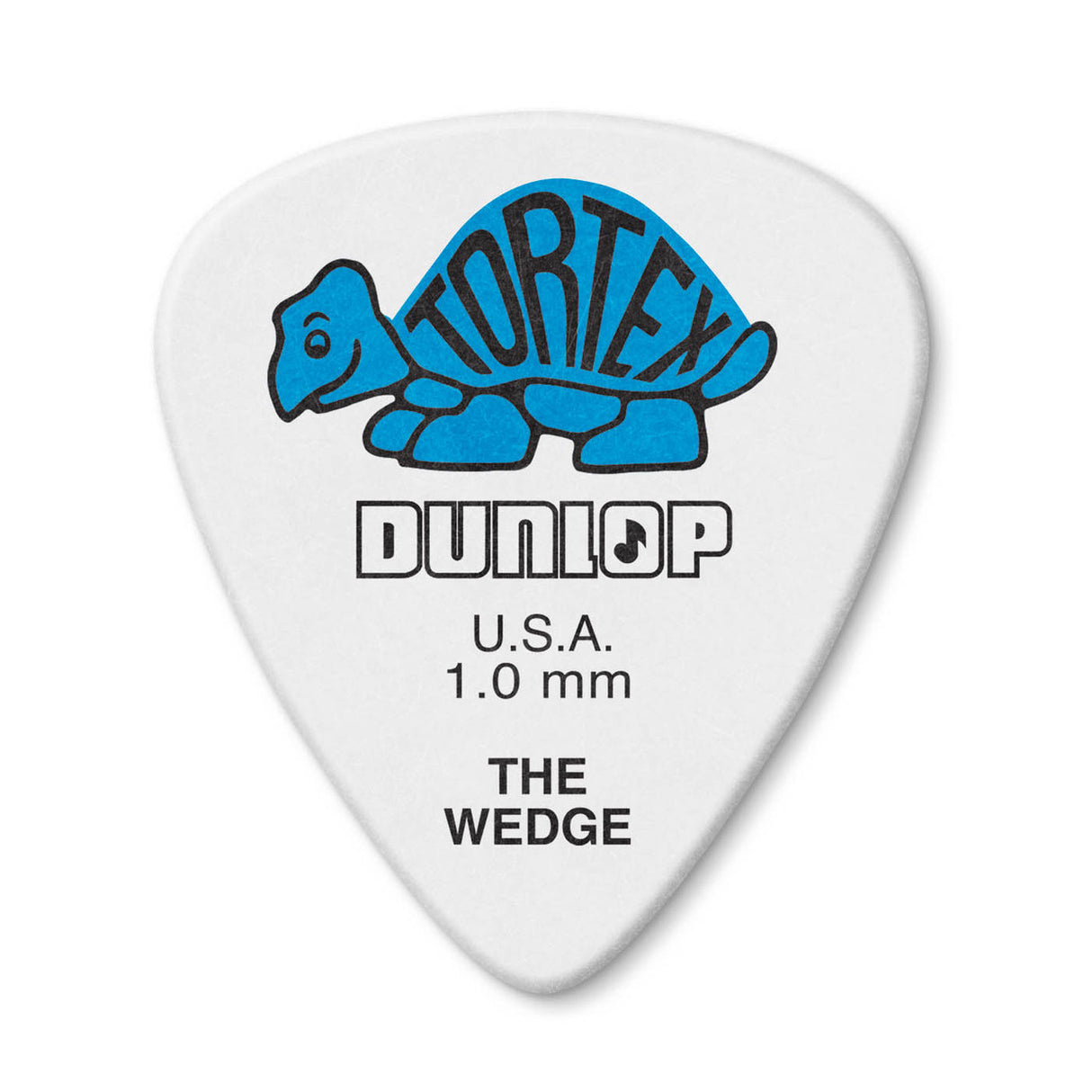 White guitar pick with blue 'Tortex' logo and Dunlop branding on a white background
