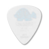 White guitar pick with a blue pattern on a white background