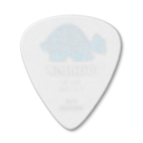 White guitar pick with a blue pattern on a white background