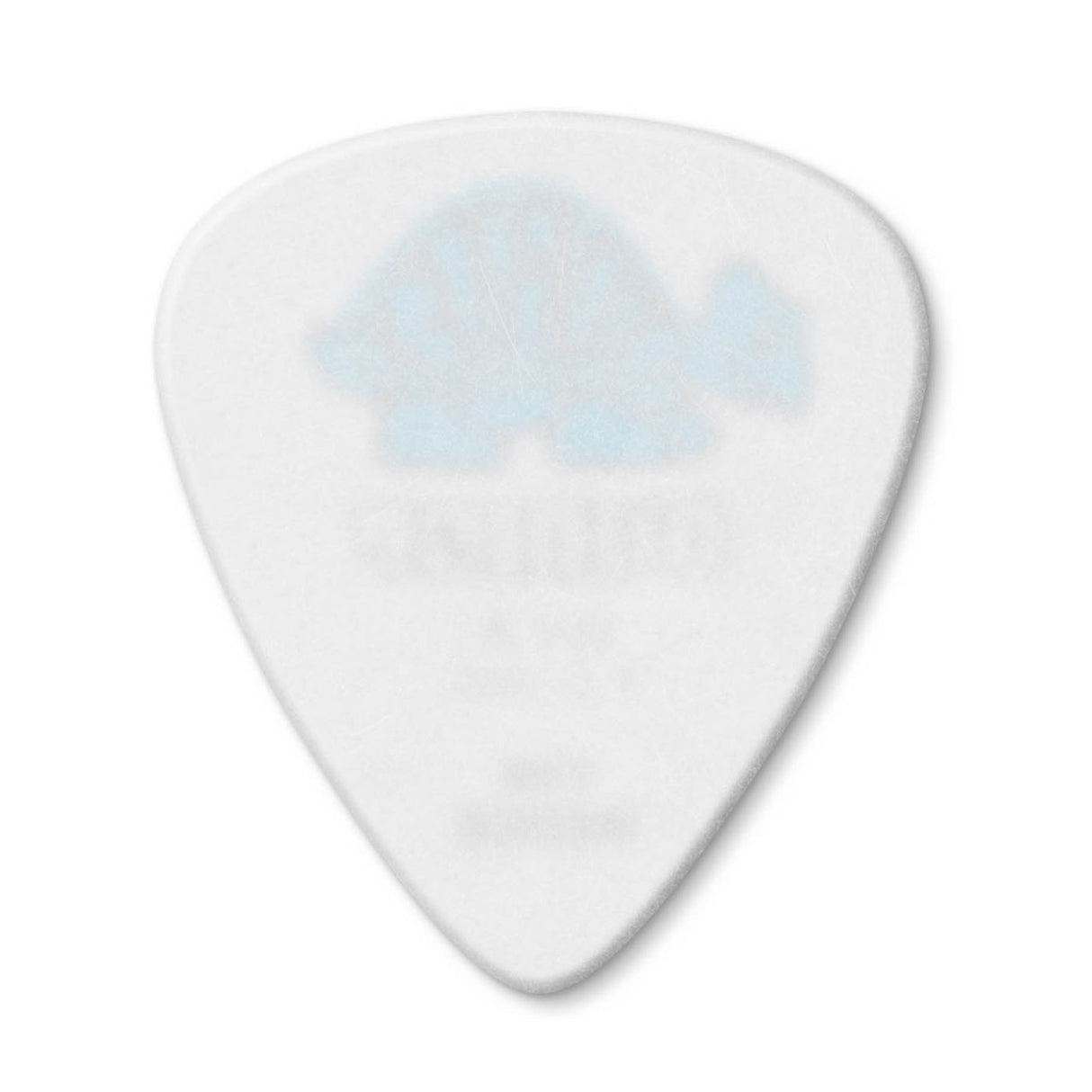 White guitar pick with a blue pattern on a white background