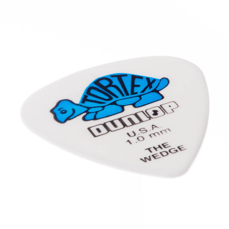 White guitar pick with blue logo and text on a white background