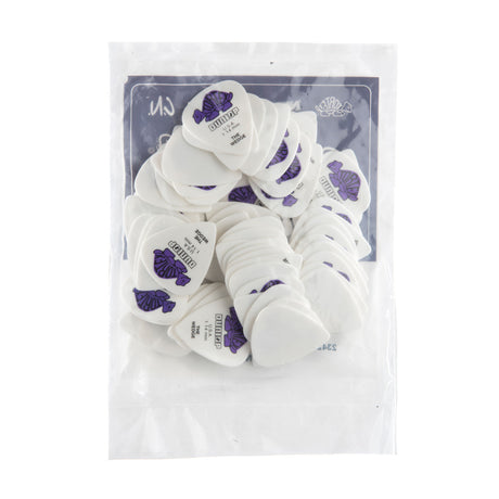 Packaged guitar picks with purple designs on a white background