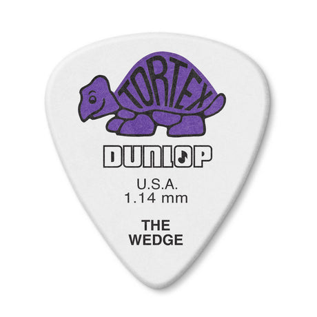 White guitar pick with purple tortoise logo and Dunlop branding on a white background