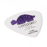 White guitar pick with purple logo and text on a white background