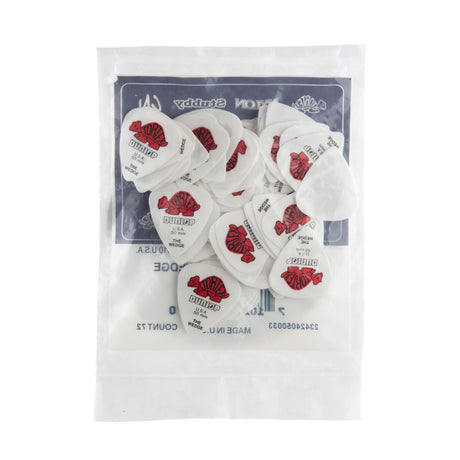 Pack of Dunlop guitar picks with red logo on a white background