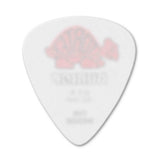 White guitar pick with pink design on a white background